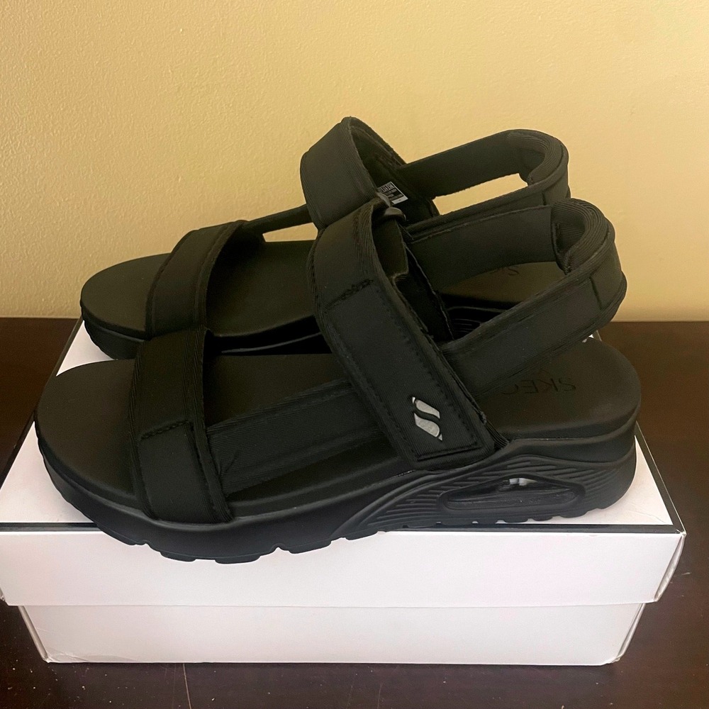 Skechers Uno New Heights Black Strappy Platform Sandals 119813 Womens 7